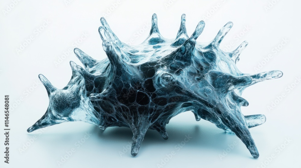 Poster a futuristic 3d rendering of a virus cell with glowing, translucent spikes and a textured core, on a