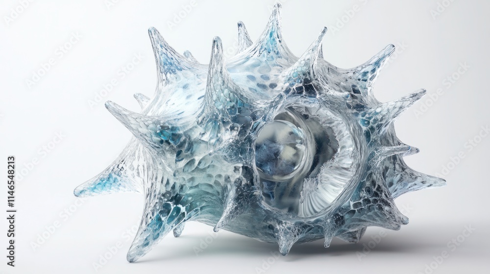 Poster a futuristic 3d rendering of a virus cell with glowing, translucent spikes and a textured core, on a