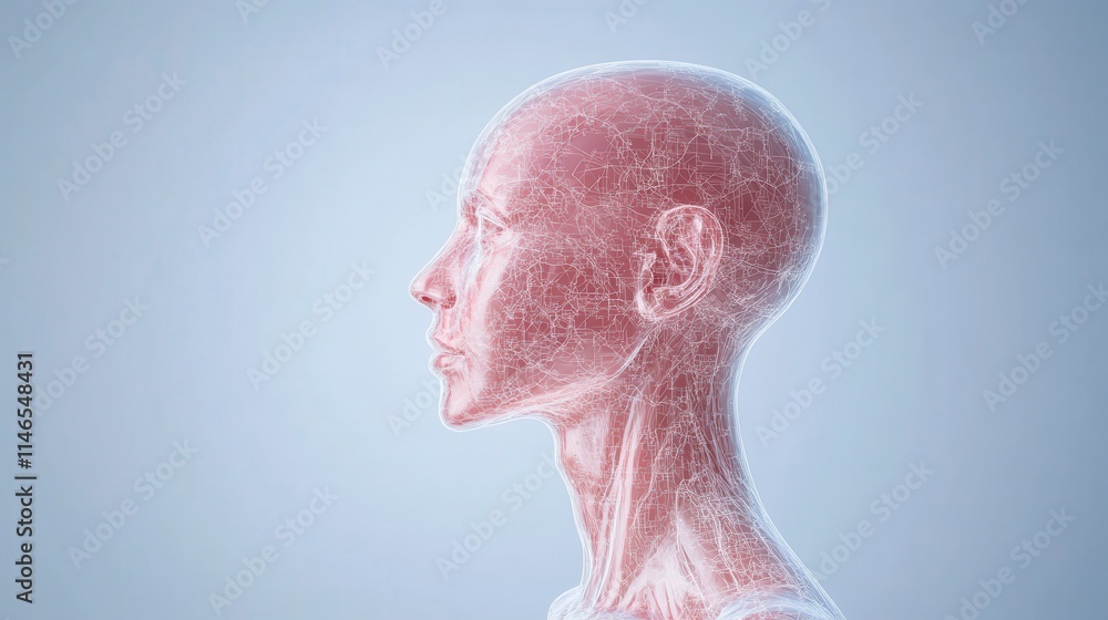 Poster a digital rendering of a human head in profile, showcasing intricate anatomical details with a trans