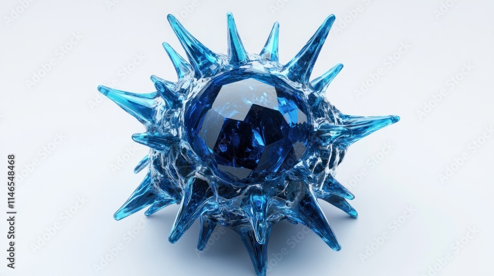 Poster a futuristic 3d virus cell rendering with glowing blue spikes and a semi-transparent core, isolated 