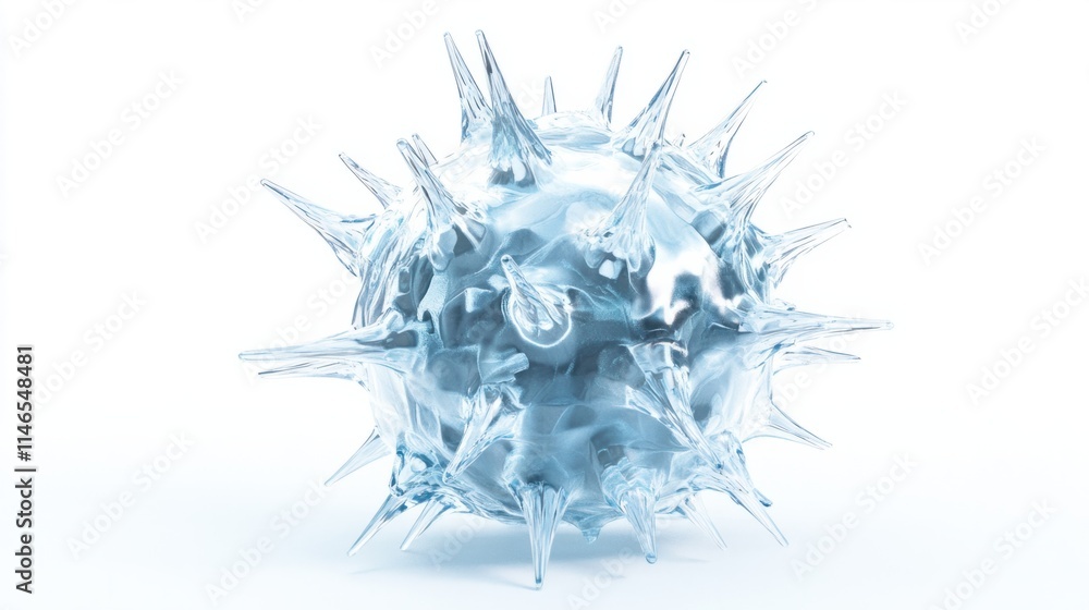Poster a futuristic 3d virus cell rendering with semi-transparent layers and glowing spikes, isolated on a 