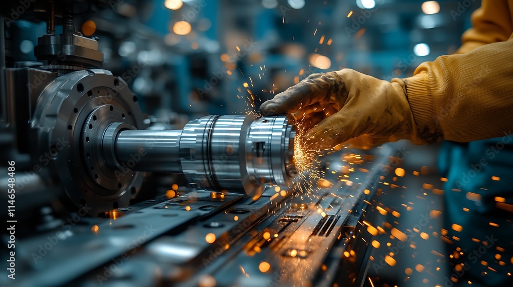Poster precision engineering: sparks fly as a skilled worker meticulously crafts a metal component using ad