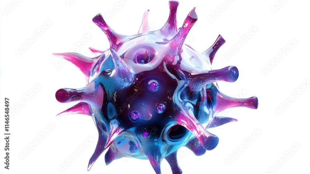 Poster a futuristic 3d virus cell rendering with semi-transparent layers and glowing spikes, isolated on a 