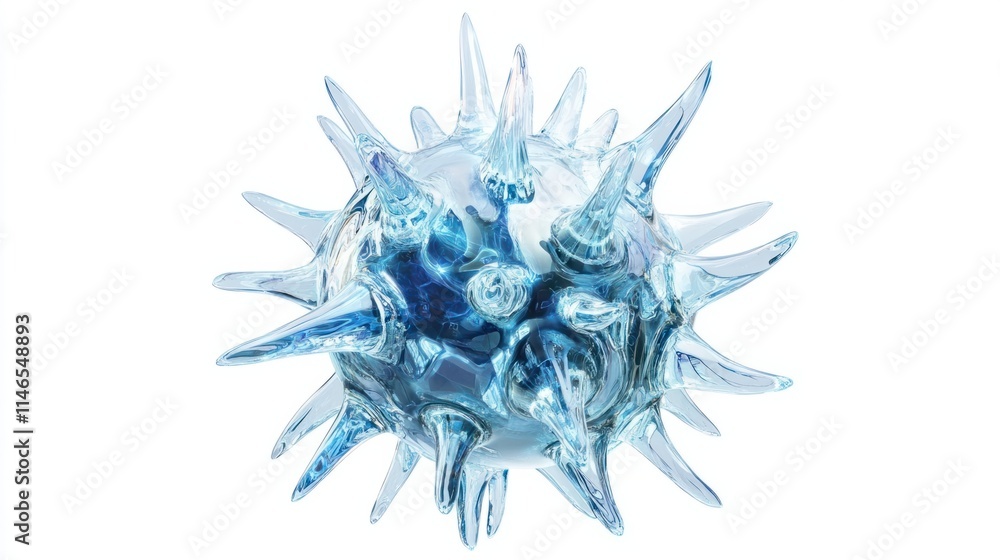 Poster a futuristic 3d virus cell rendering with semi-transparent layers and glowing spikes, isolated on a 