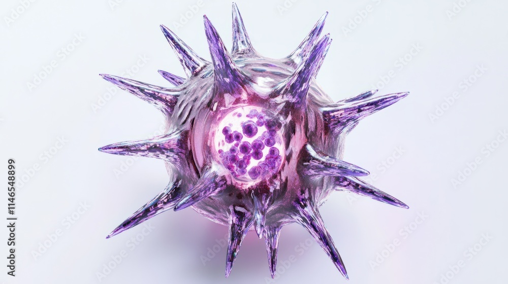 Poster a futuristic 3d virus cell rendering with semi-transparent layers and glowing spikes, isolated on a 