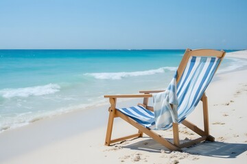 Striped beach chair on sandy shore, inviting ocean view, bright blue sky and gentle waves
