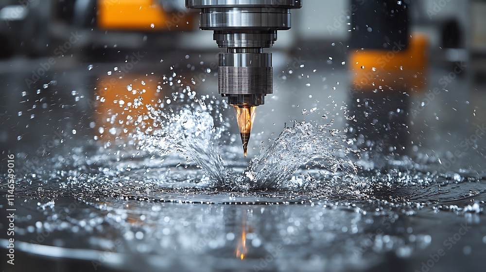 Poster metalworking precision: a close-up shot of a drill bit piercing through metal, creating a burst of w