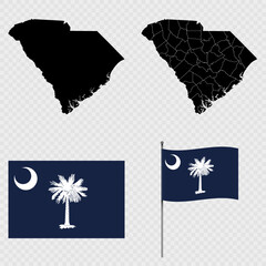 Set of map and map with province, flag and flagpole of South Carolina state. Vector illustration.