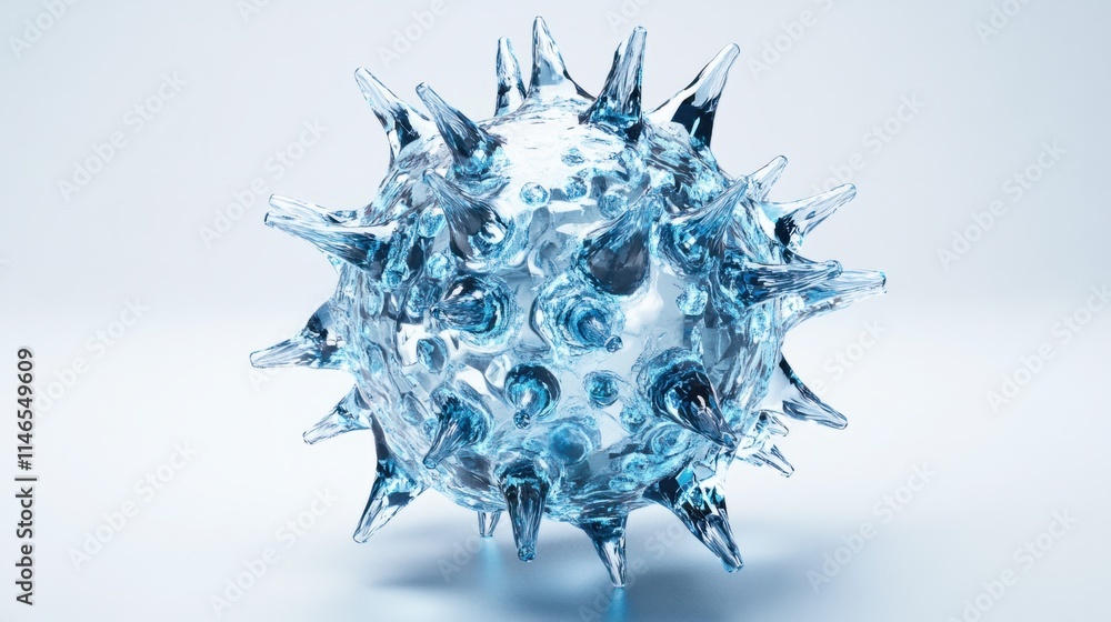 Poster a glowing 3d virus cell rendering with sharp spike proteins and intricate surface details, isolated 