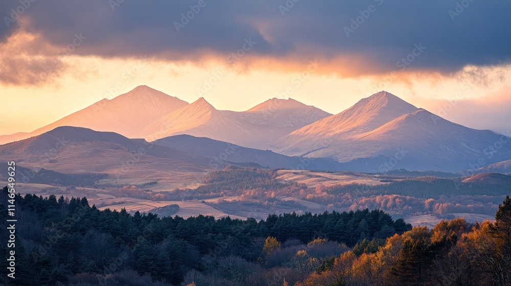 Aufkleber Scenic view of mountains at sunset with a mix of forests and fields in the foreground.