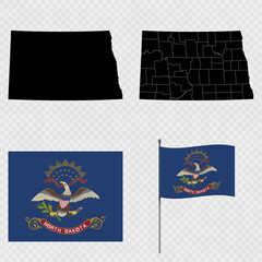 Set of map and map with province, flag and flagpole of North Dakota state. Vector illustration.