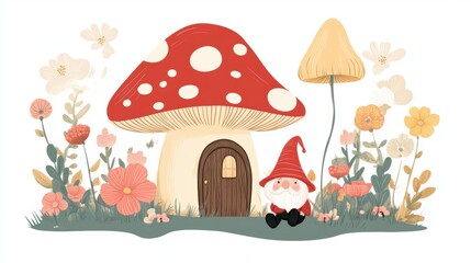 Cute little gnome spirit and a large mushroom in Spring garden with flowers