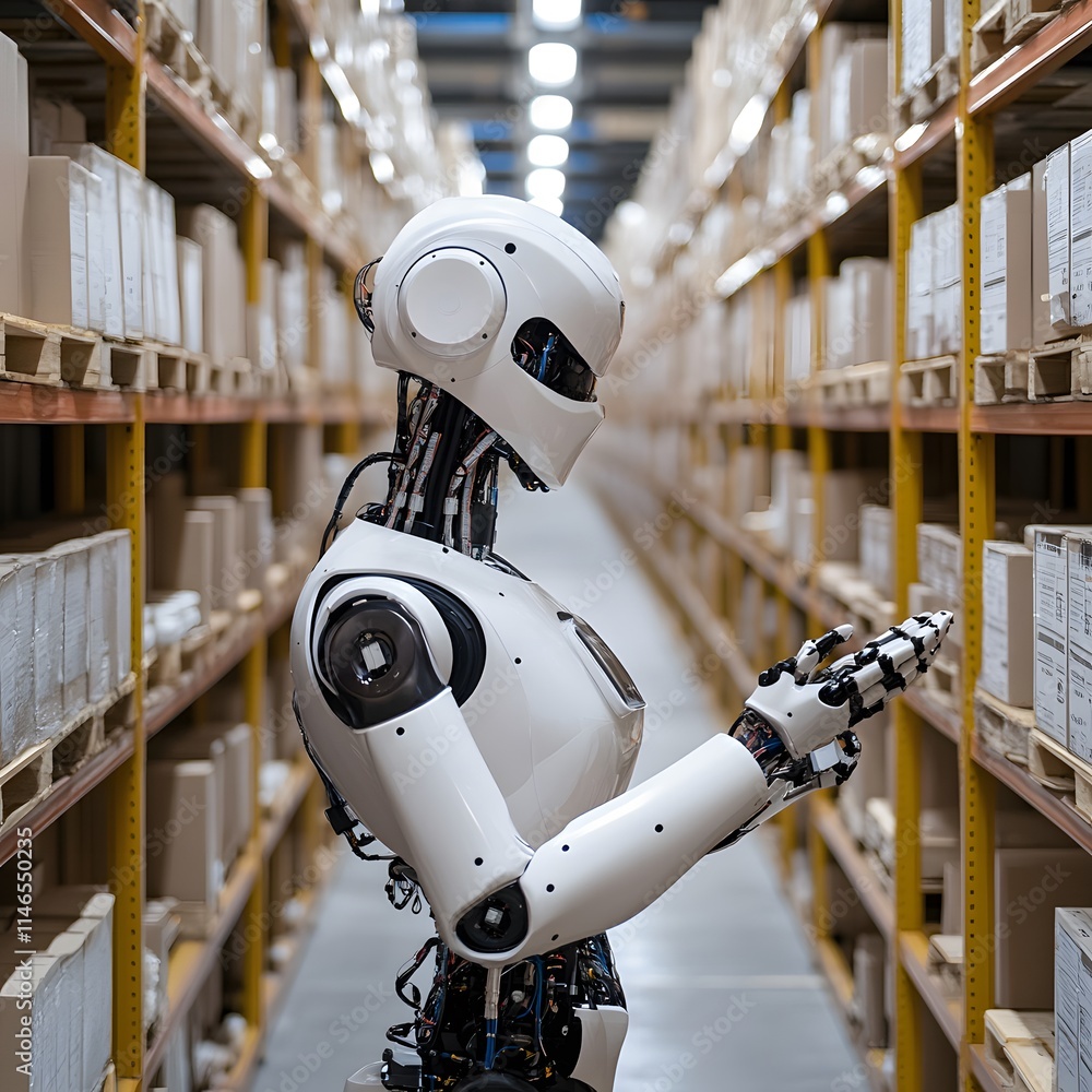 Poster a humanoid robot stands in a modern warehouse, interacting with digital devices amidst neatly organi