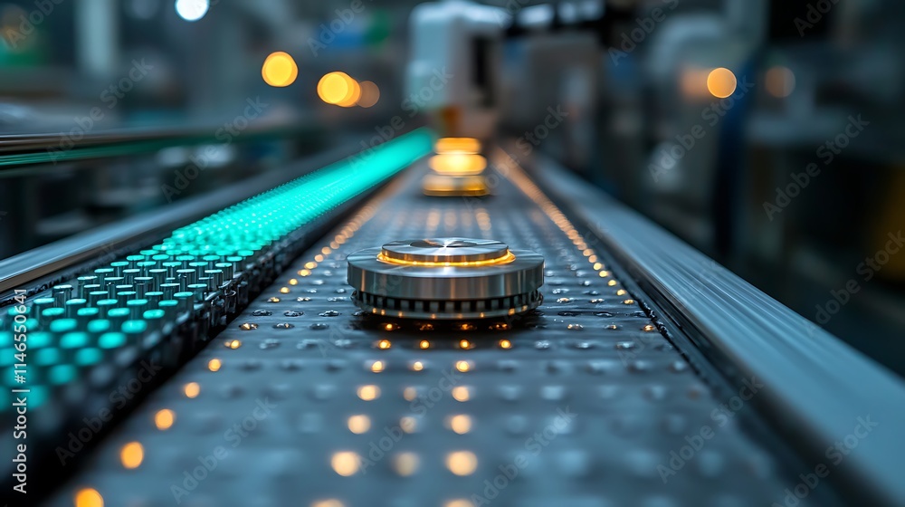 Poster industrial automation: a close-up view of a gleaming conveyor belt in a modern factory setting, show