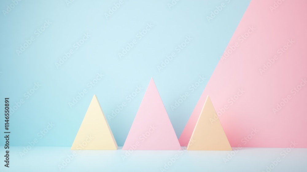 Poster abstract geometric composition with pastel triangles against a soft blue and pink background