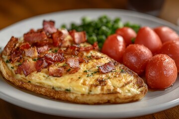 A delicious breakfast plate featuring a bacon omelet, green onions, and melon balls.