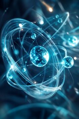 Glowing spheres orbit within luminous energy trails.