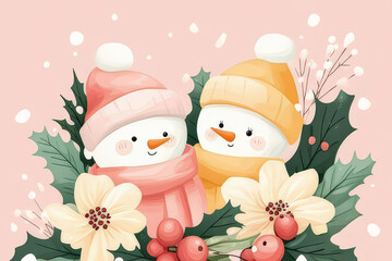 Cute Snowman in Winter Floral Border, Perfect for Holiday Design, christmas background, christmas card template