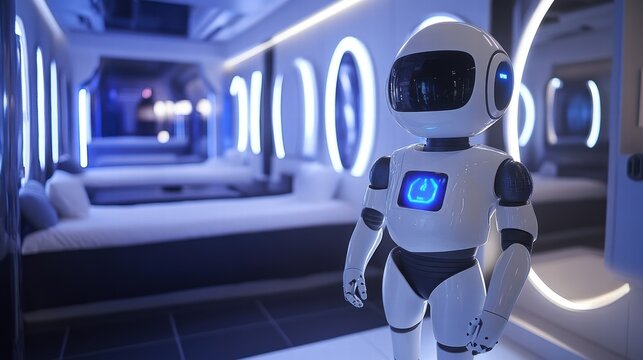 futuristic robot in modern hotel room