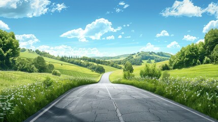 Serene Countryside Road: A Journey Through Verdant Hills and Azure Skies