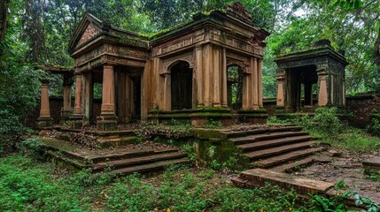 Naklejka premium Abandoned Historic Structures Overgrown by Nature in a Lush Green Jungle Setting, Capturing the Beauty of Decay and Time's Passage Through Nature's Embrace
