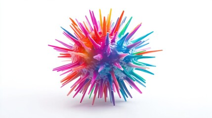 Obraz premium A magnified 3D virus particle with sharp, colorful spikes and a realistic spherical shape, rendered on a clean white background