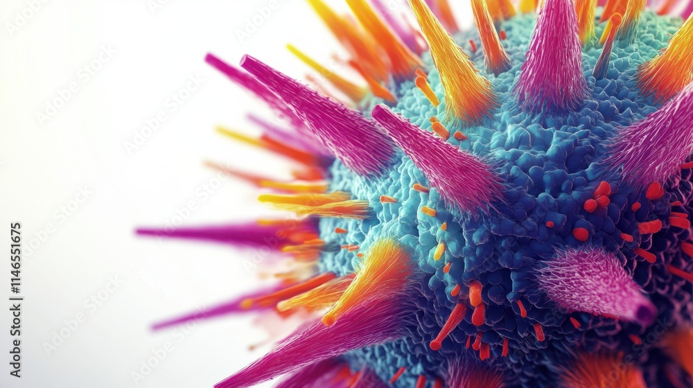 Poster a magnified 3d virus particle with sharp, colorful spikes and a realistic spherical shape, rendered 