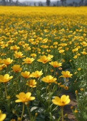 Fototapeta premium Field of bright yellow flowers with tall stems and delicate petals, field, yellow, sunny