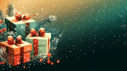 Christmas background with gifts, greeting card design.