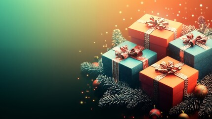 Christmas background with gifts, greeting card design.