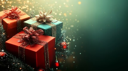 Christmas background with gifts, greeting card design.