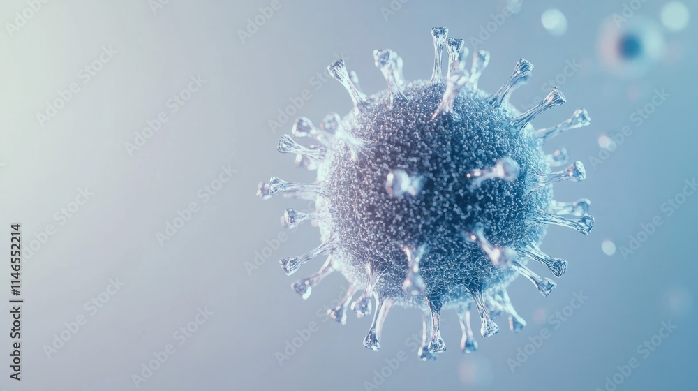 Poster a realistic 3d virus particle showing its outer spike proteins and inner nucleic acid structure, flo