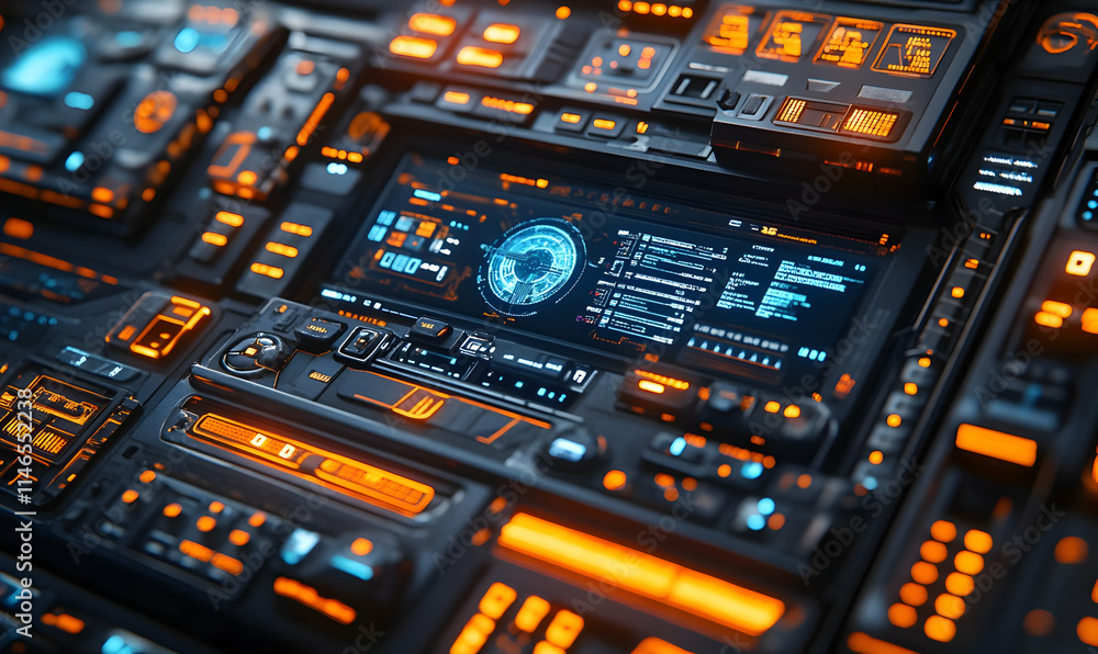Poster a futuristic control panel with glowing orange buttons and screens displaying data.