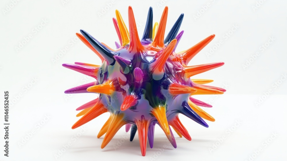 Poster a scientific 3d model of a virus cell with sharp, colorful spikes and a smooth core, rendered in det