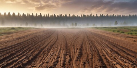 Naklejka premium Field with half-plowed earth and misty strip of forest in the background, landscape photography , autumn foliage, natural scenery