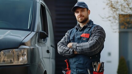 Professional handyman standing proudly with tools, posing confidently next to his service vehicle.