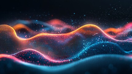 Obraz premium Abstract Colorful Waves of Light and Particle Effects Creating a Dreamy Atmosphere in a Dark Environment Representing Technology and Innovation