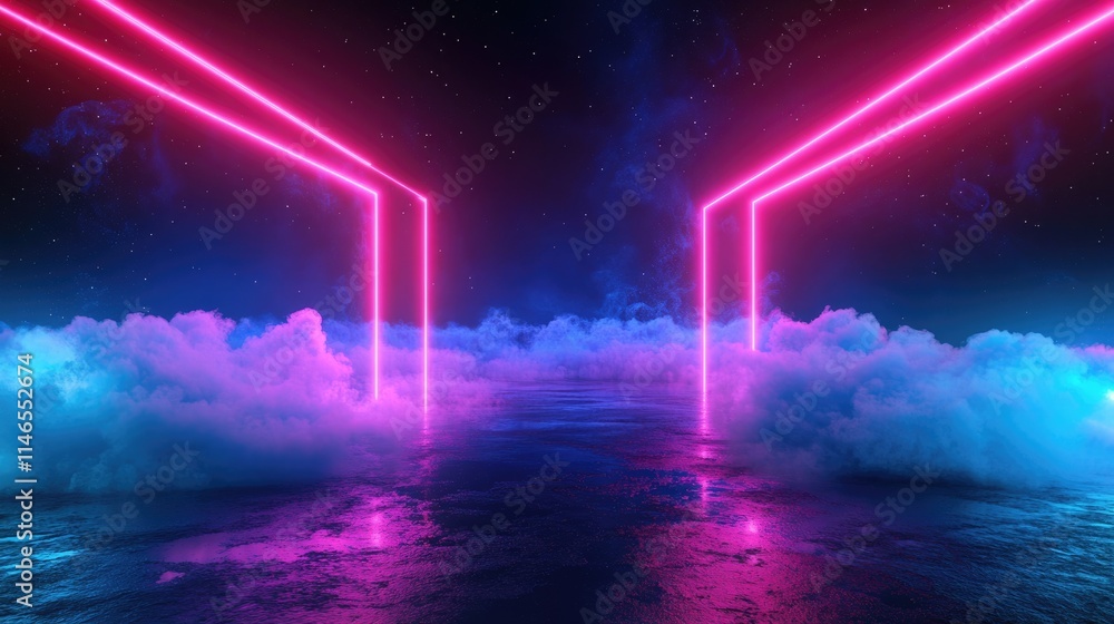 Poster neon-lit digital design: illuminated lines crossing clouds in a dark abstract background