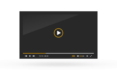 A modern video player interface with a dark theme and orange accent color. The control bar contains timestamps, playback progress and icons for HD quality toggle, volume, settings and fullscreen