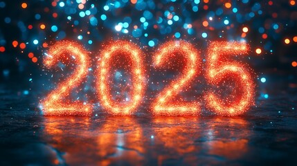 2025 Happy New year with sparlkers and fireworks, New year celebration