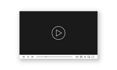 Video player interface with play button and control panel with progress slider, volume control, settings and fullscreen icons. Clean and modern minimalist design for multimedia platforms.