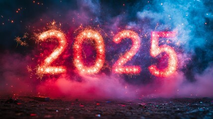 2025 Happy New year with sparlkers and fireworks, New year celebration