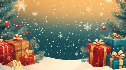 Christmas background with gifts, greeting card design.