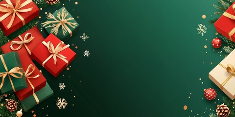 Christmas background with gifts, greeting card design.
