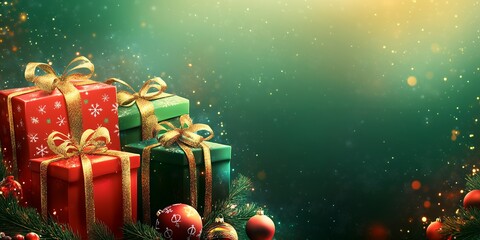Christmas background with gifts, greeting card design.