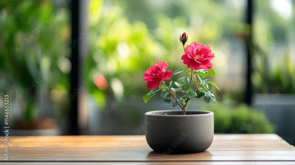 Wall mural Red Rose Plant In Gray Pot On Wooden Table