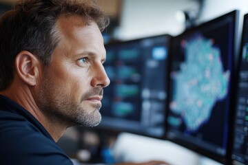 A thoughtful man deeply engaged in contemplating data analysis in a tech-savvy environment, symbolizing the convergence of human intellect and digital technology.