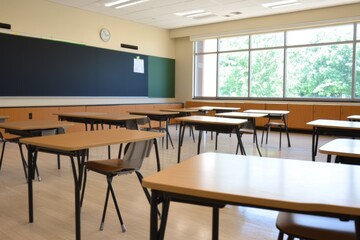 A classroom interior featuring desks, chairs, and large windows for natural light.