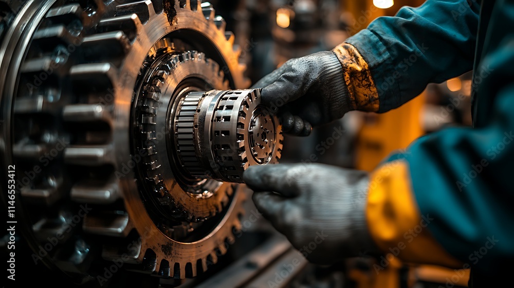 Poster precision and power: close-up of a mechanic's gloved hands meticulously working on a complex gear sy