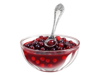 Cranberry sauce, deep red jelly with whole berries, quivering on silver serving spoon, bright and colorful, transparent background